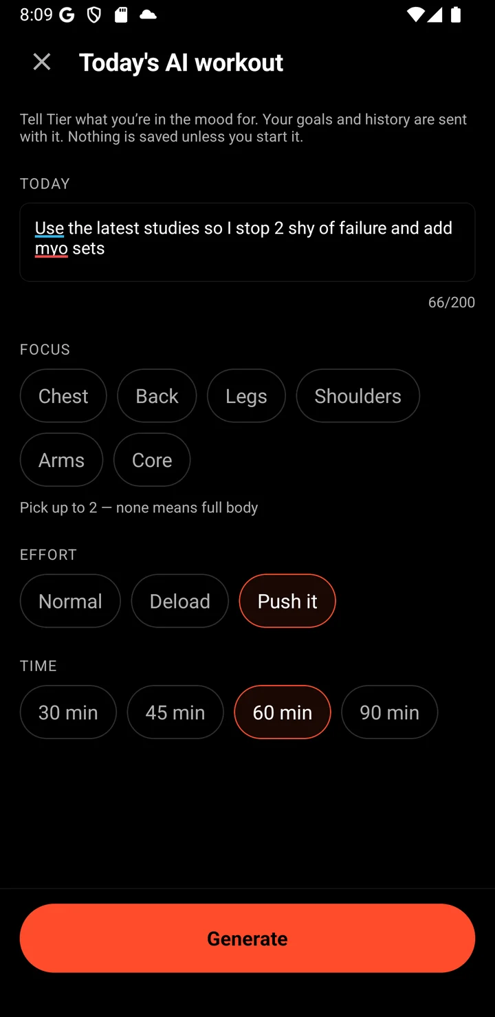 Tier's AI workout request: a typed request, focus areas, effort and time options, and a Generate button.