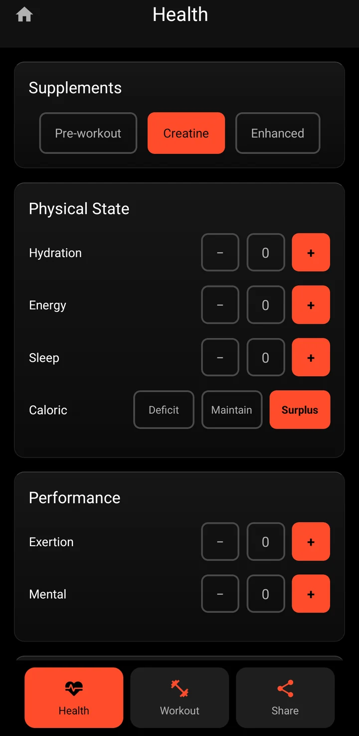 Tier's health check-in: supplements, hydration, energy, sleep, caloric state, exertion and mental state.