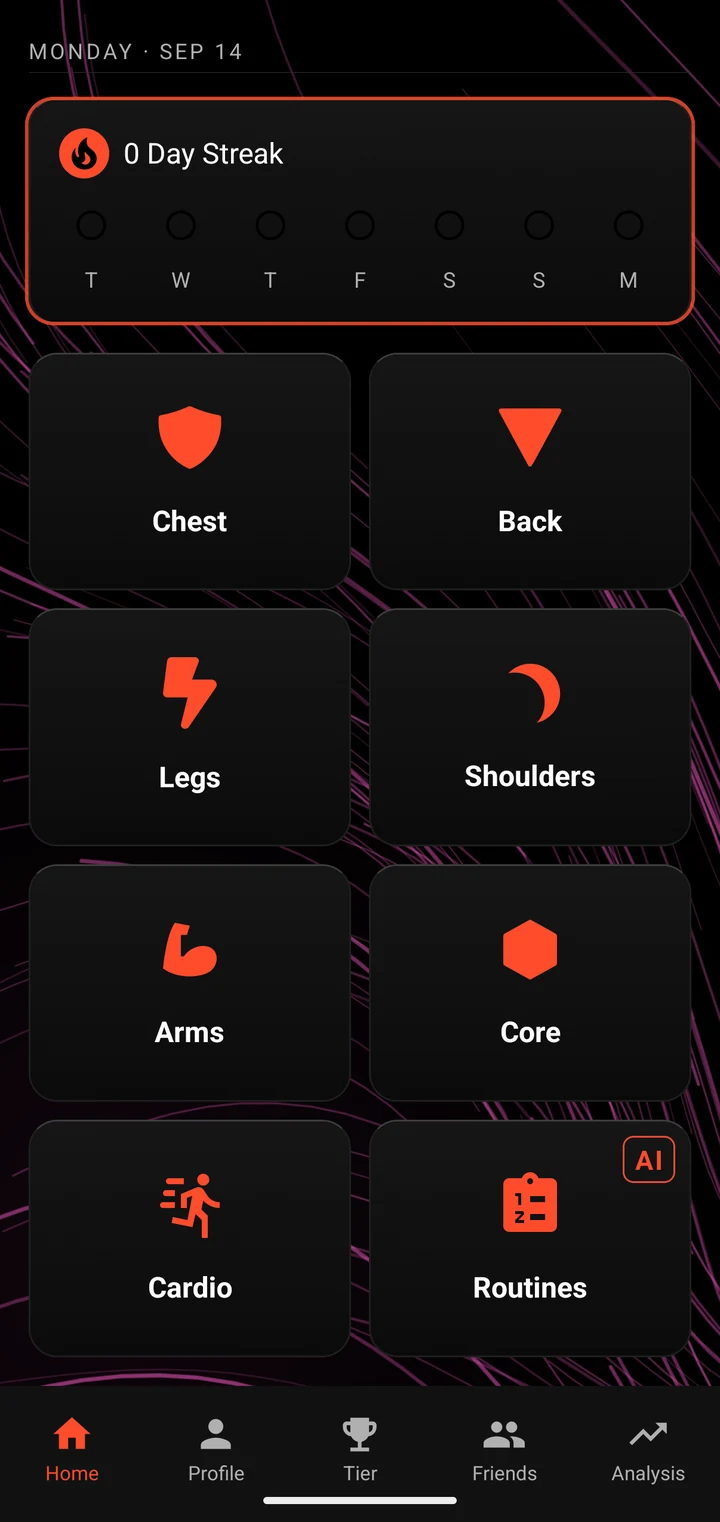 Tier's Home screen: a streak tracker and muscle group tiles for starting a workout.