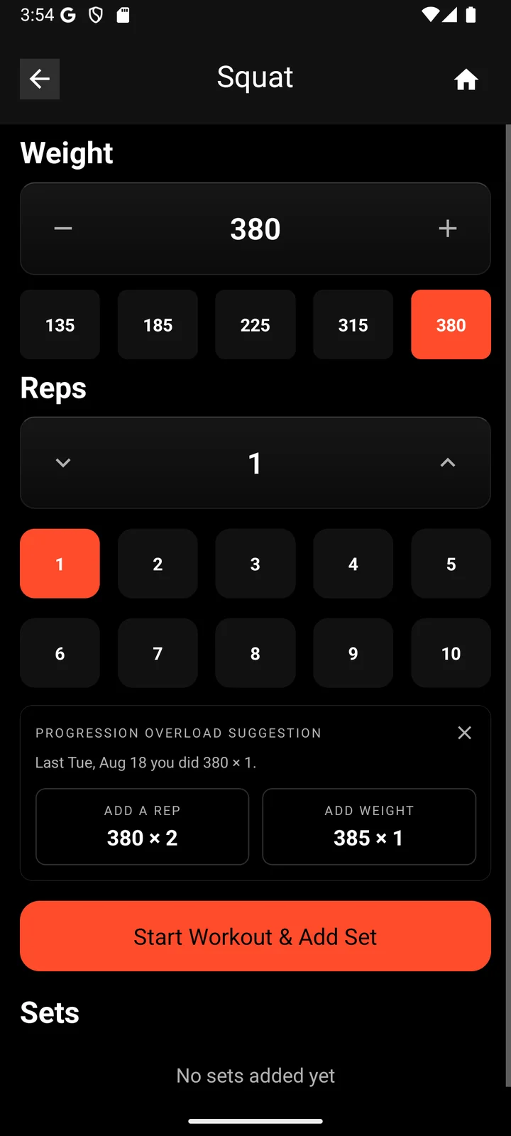 Tier's logging screen with a progression suggestion for a leg exercise.