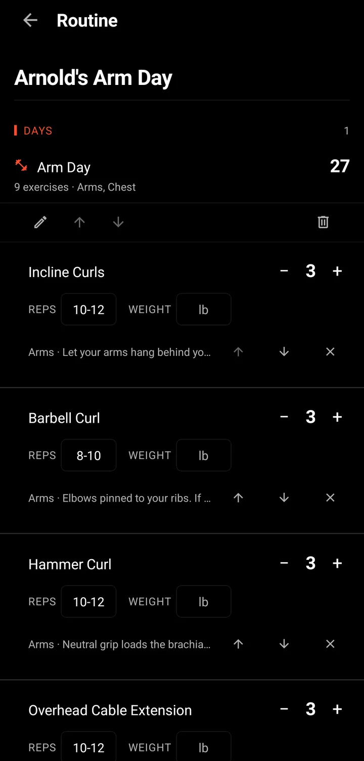A saved routine, Arnold's Arm Day, with sets and rep ranges per exercise.
