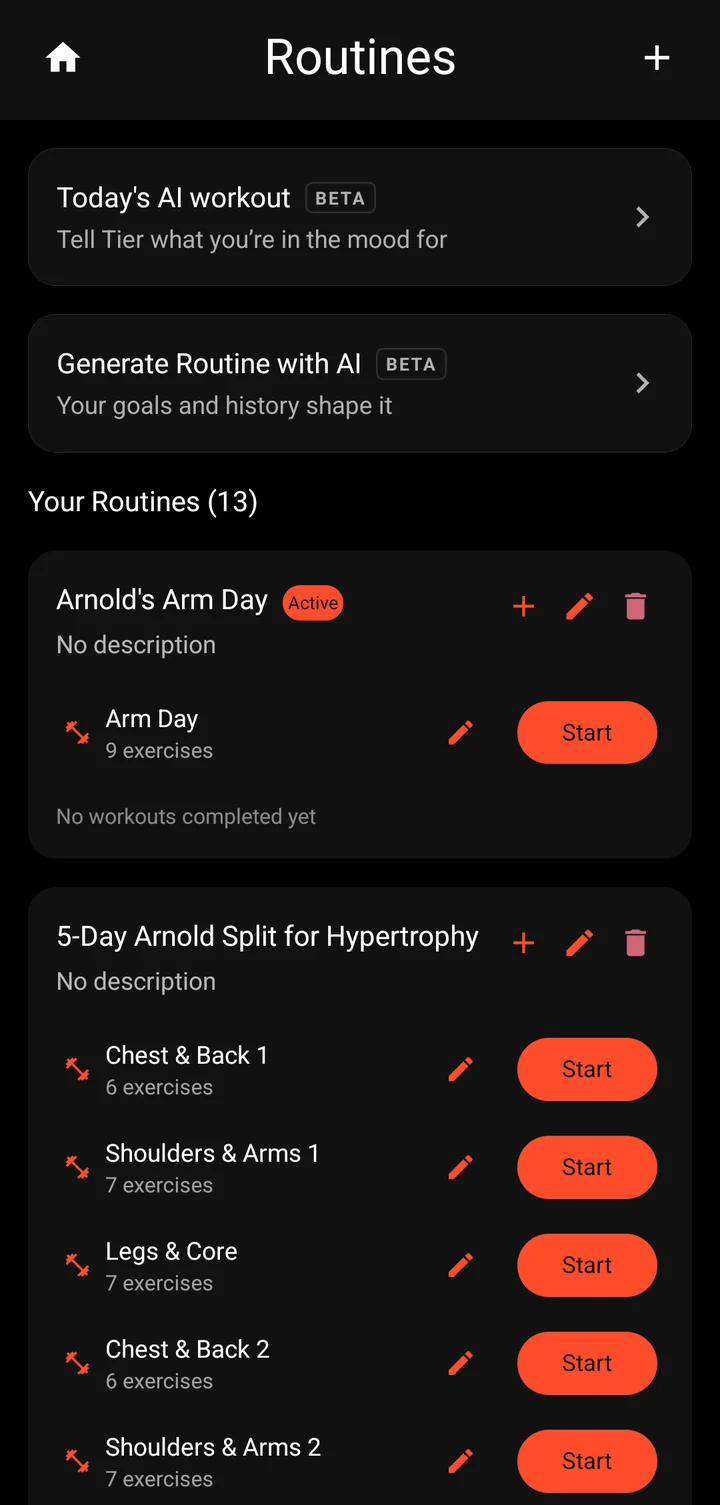 Tier's Routines screen with the AI workout and AI routine options above a saved five-day split.
