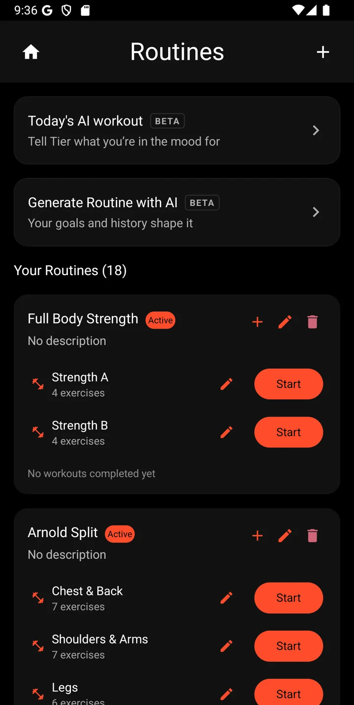 Tier's Routines screen: Today's AI workout, Generate Routine with AI, and saved routines with Start buttons.